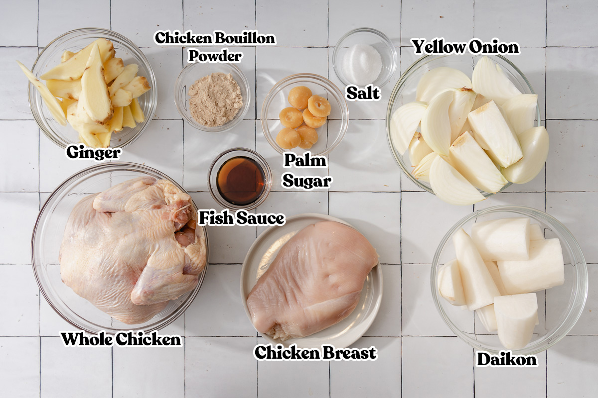 All the ingredients labeled ad organized to make pho ga broth.