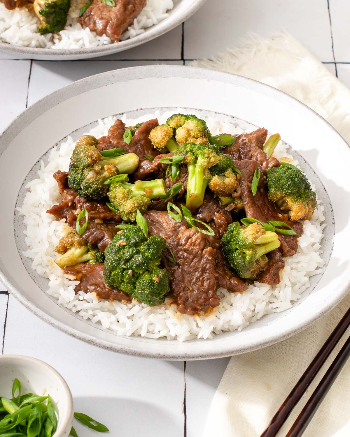 A plate of beef and broccoli served on a bed of white rice.