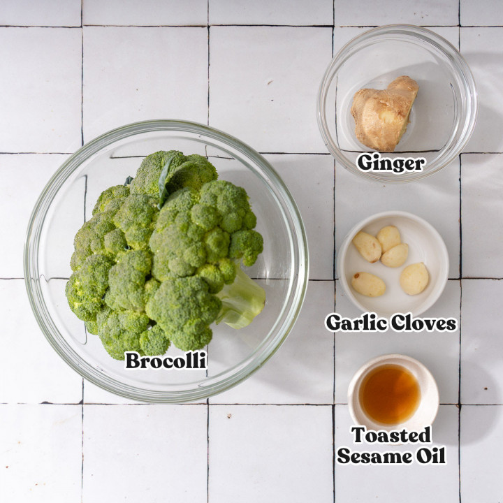 The broccoli, aromatics, and finishing oil for beef and broccoli.