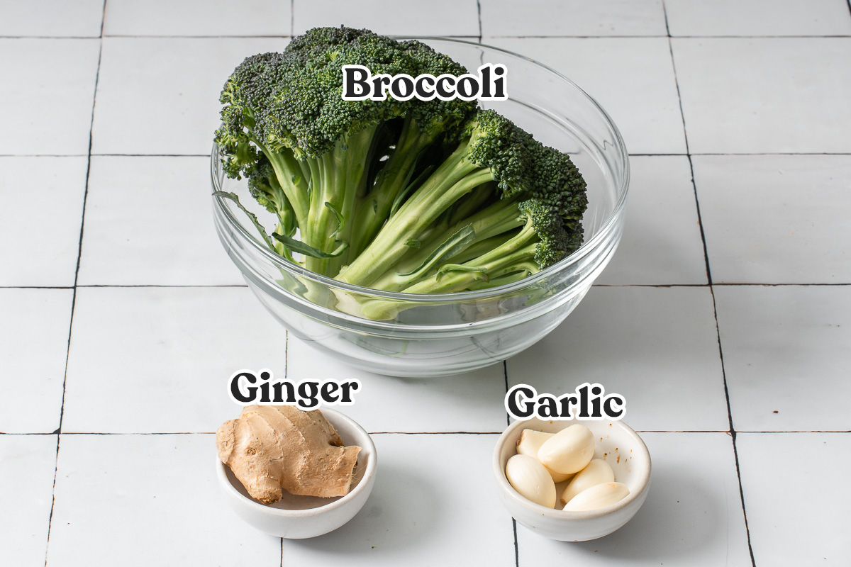 The broccoli and aromatics for making Chinese chicken and broccoli.