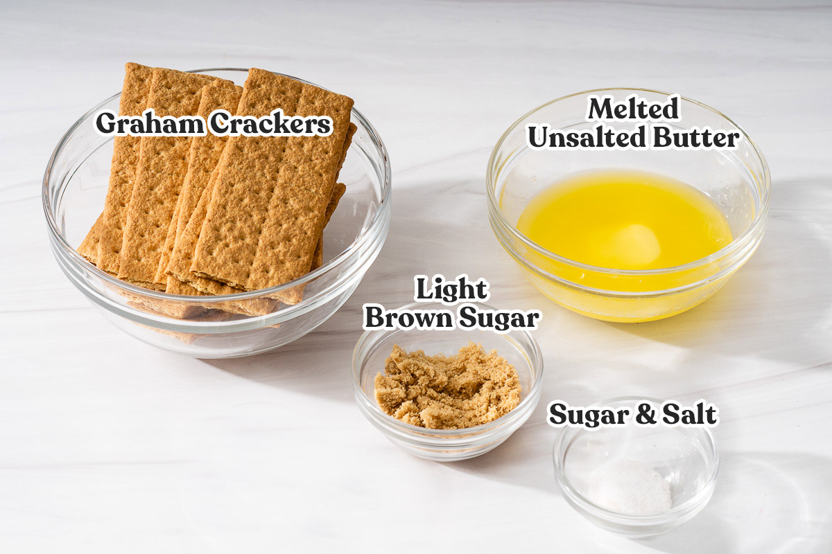 All the ingredients portioned out and labeled for making a graham cracker crust.