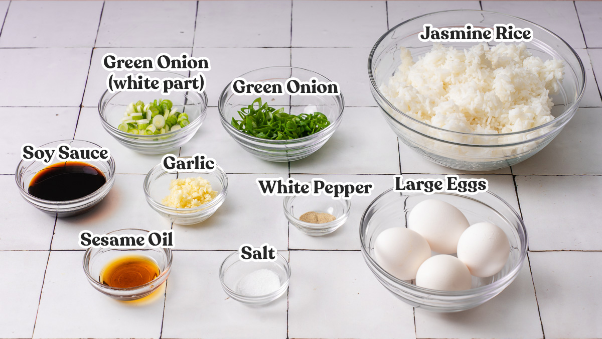 All the ingredients for egg fried rice organized and labeled.