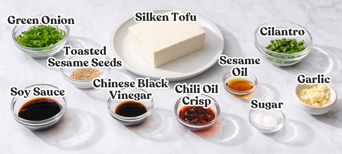 All the ingredients for silken tofu labeled.