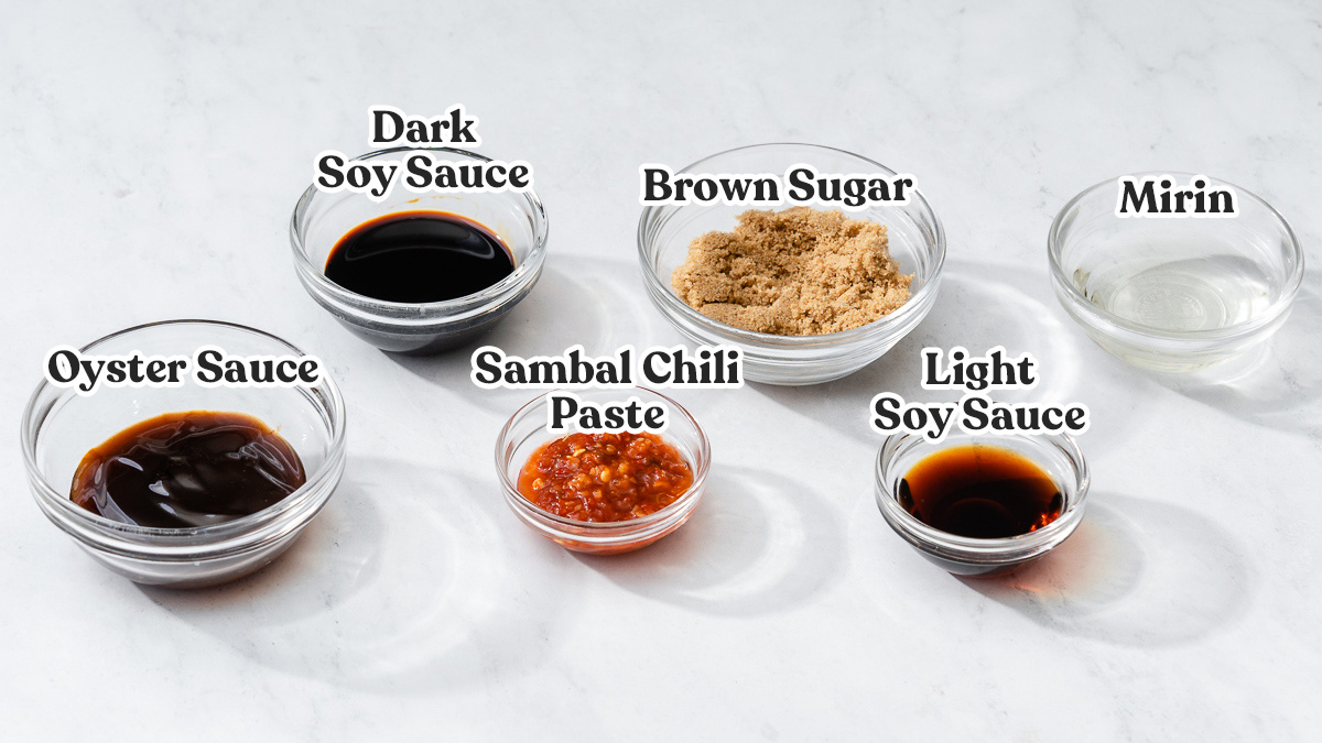 All the ingredients portioned out and labeled for making yaki udon sauce.