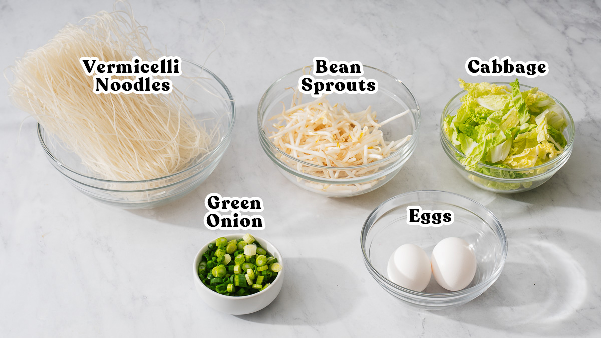 All the add ins for the fried vermicelli noodle stir fry labeled in individual bowls.
