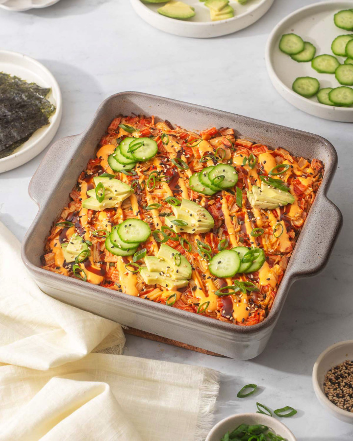 A sushi bake fresh out of the oven and garnished.