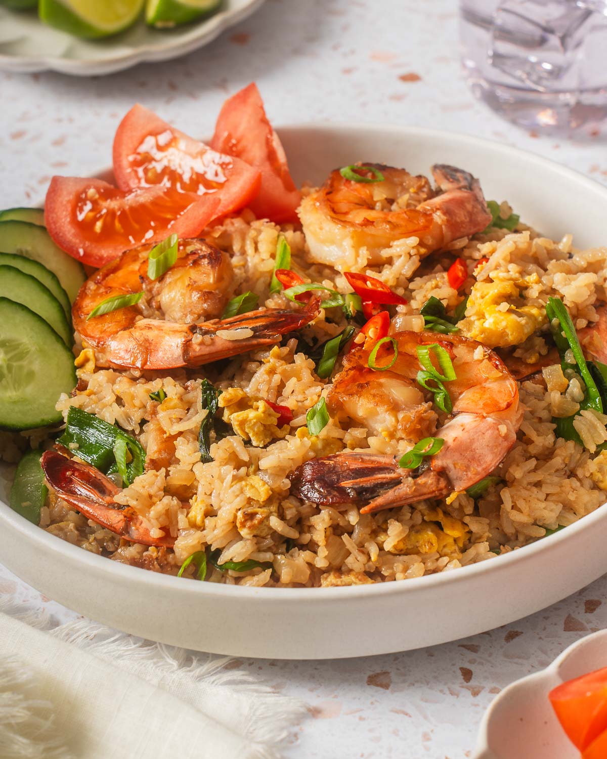 Up close with a plate of Thai fried rice with shrimp.