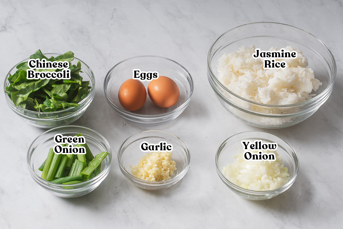 All the ingredients organized and labeled for fried rice.