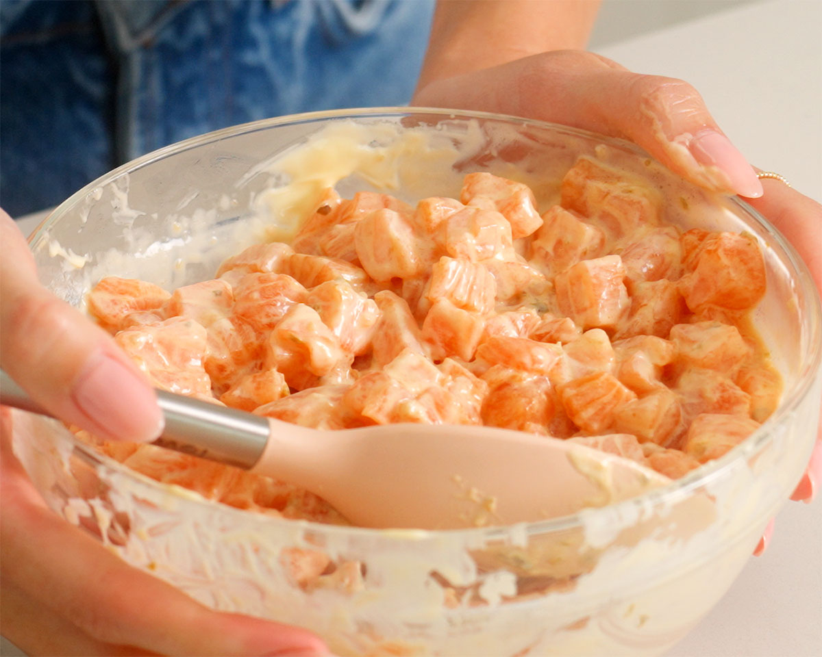 Chopped up sushi grade salmon seasoned tossed with a mayo mixture.