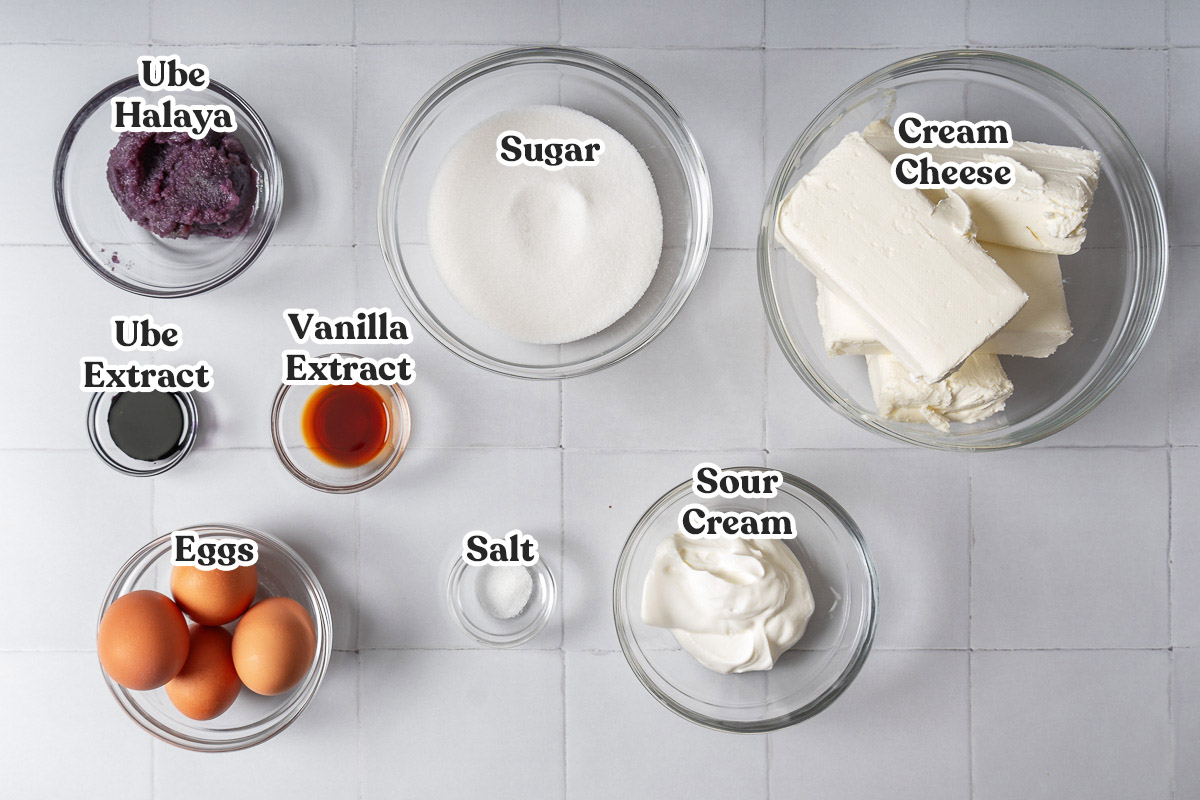 All the ingredients to make an ube cheesecake.