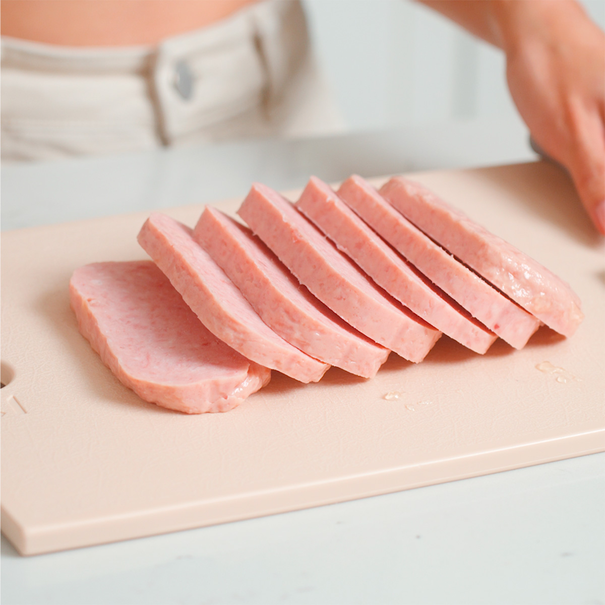 Spam cut into thick slices.