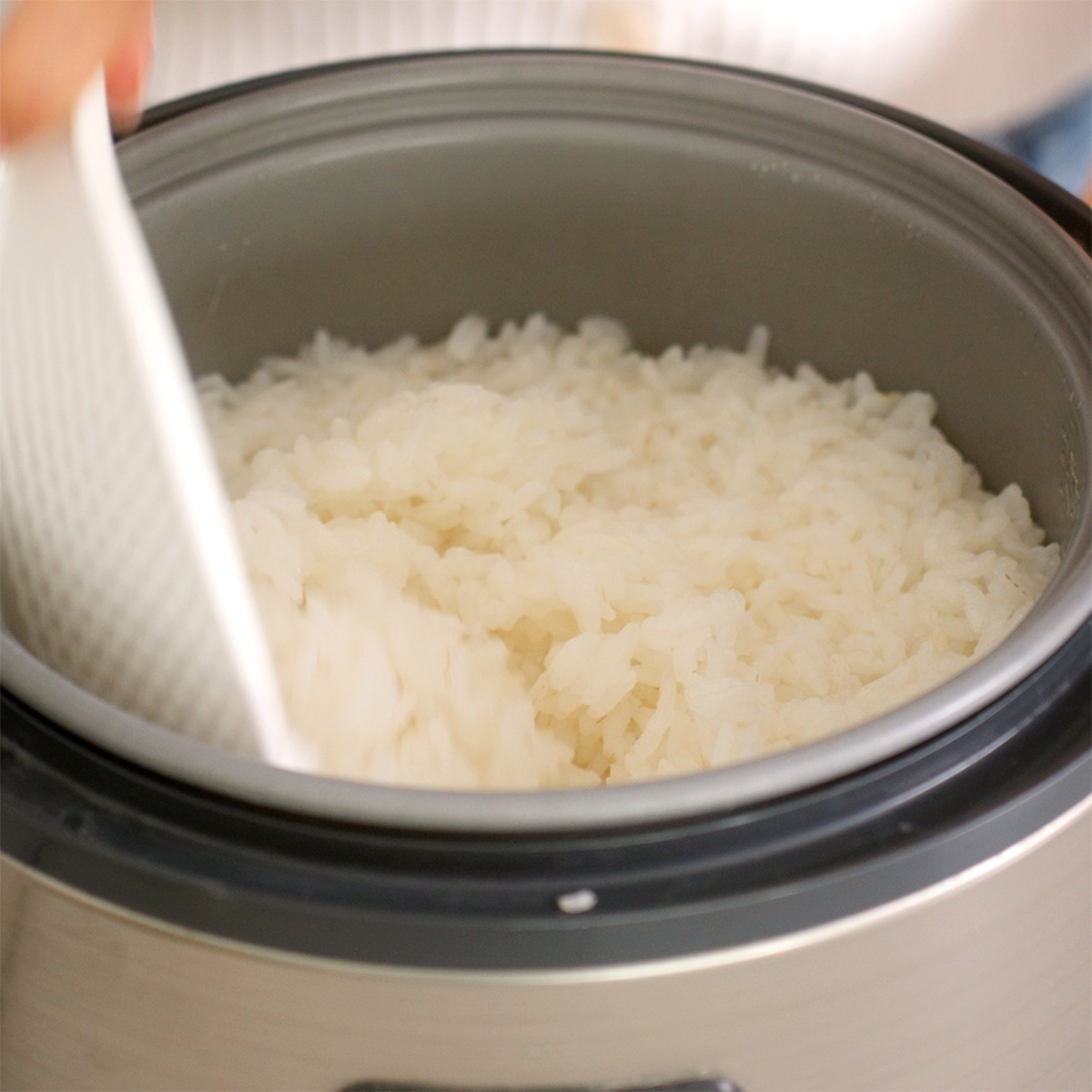 Fluffing cooked sushi rice inside of a rice cooker.