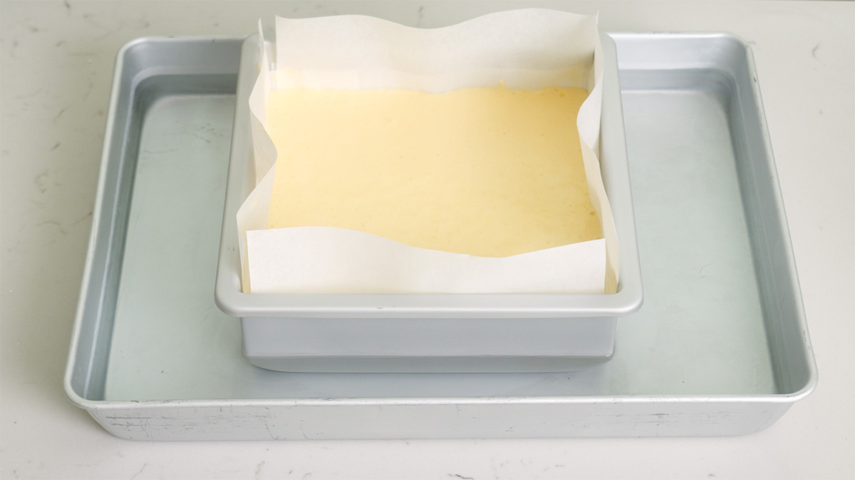 A taiwanese castella cake in a water bath ready to bake.