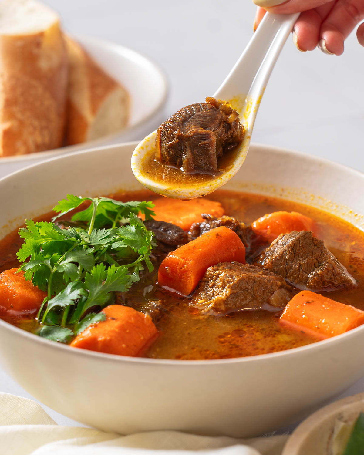 A spoon lifting up a chunk of beef from a bowl of bo kow vietnamese beef stew.