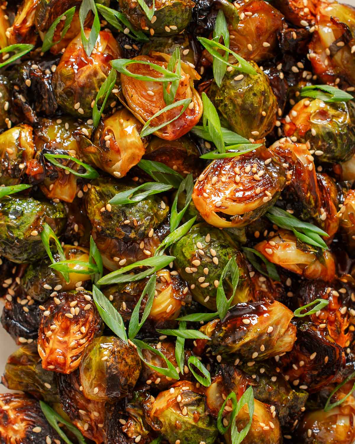 A detail shot of gochujang brussel sprouts.