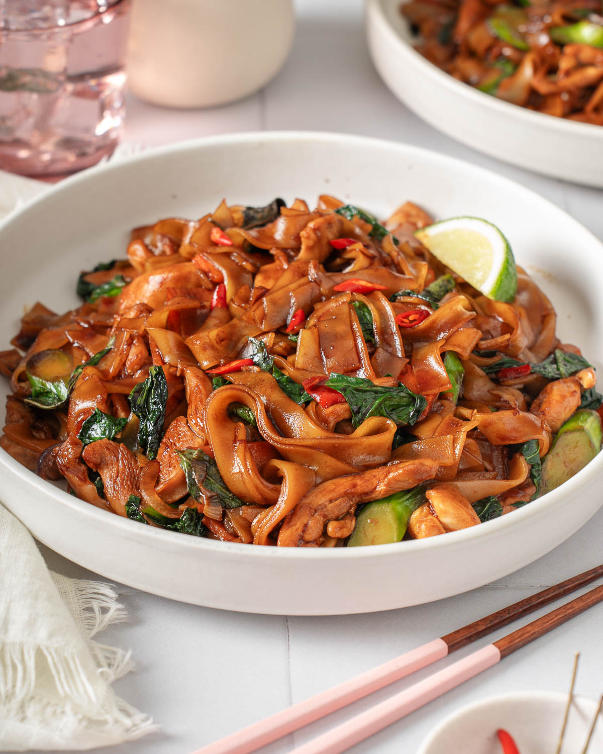 Up close with a plate of Thai pad kee mao.