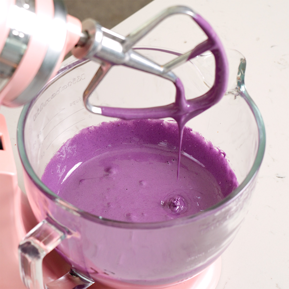 A light and creamy ube mixture after mixing.