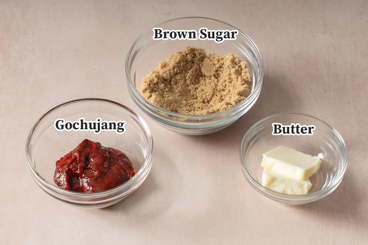 All the ingredients to make gochujang caramel organized and labeled.