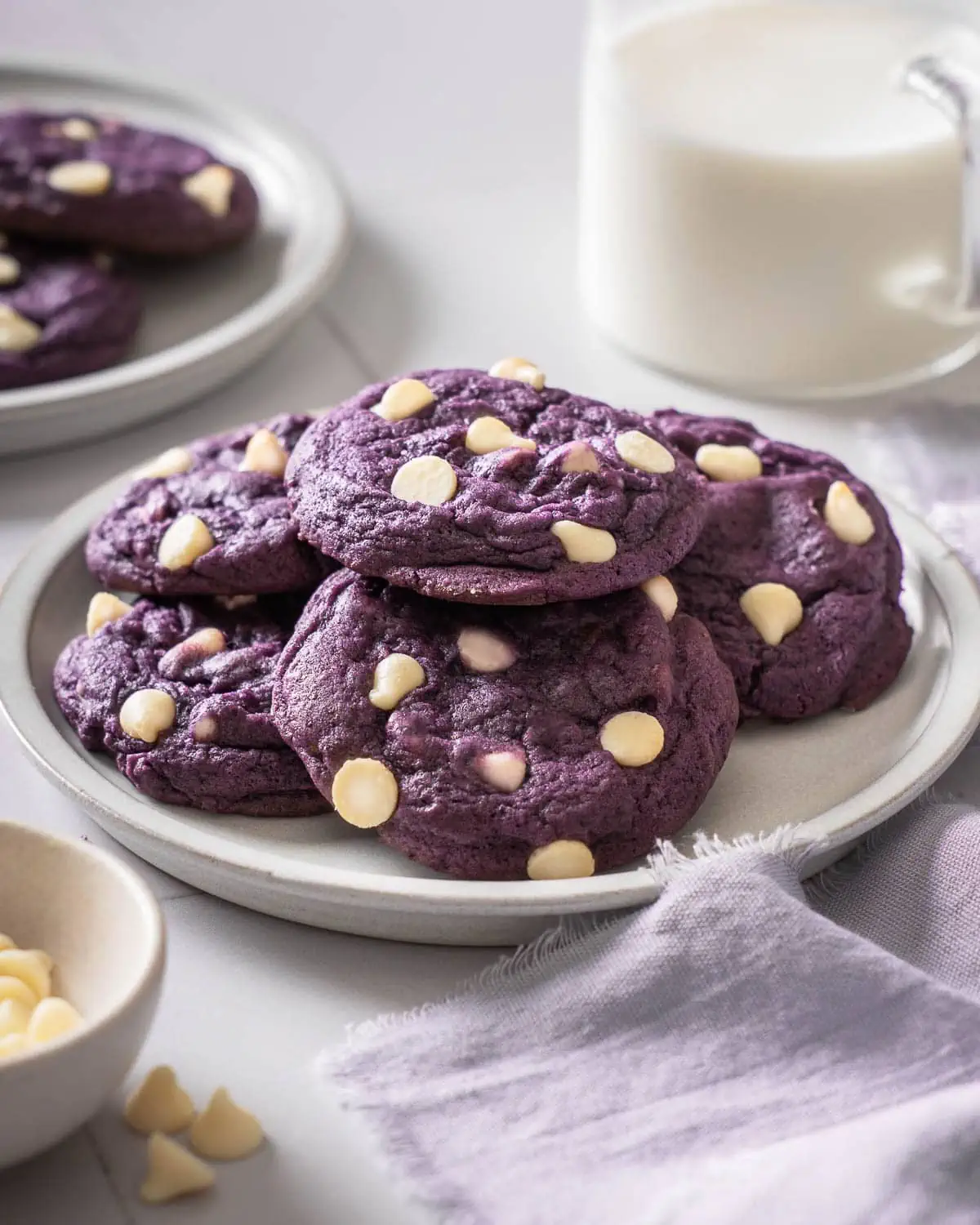 A plate piled with ube cookies.