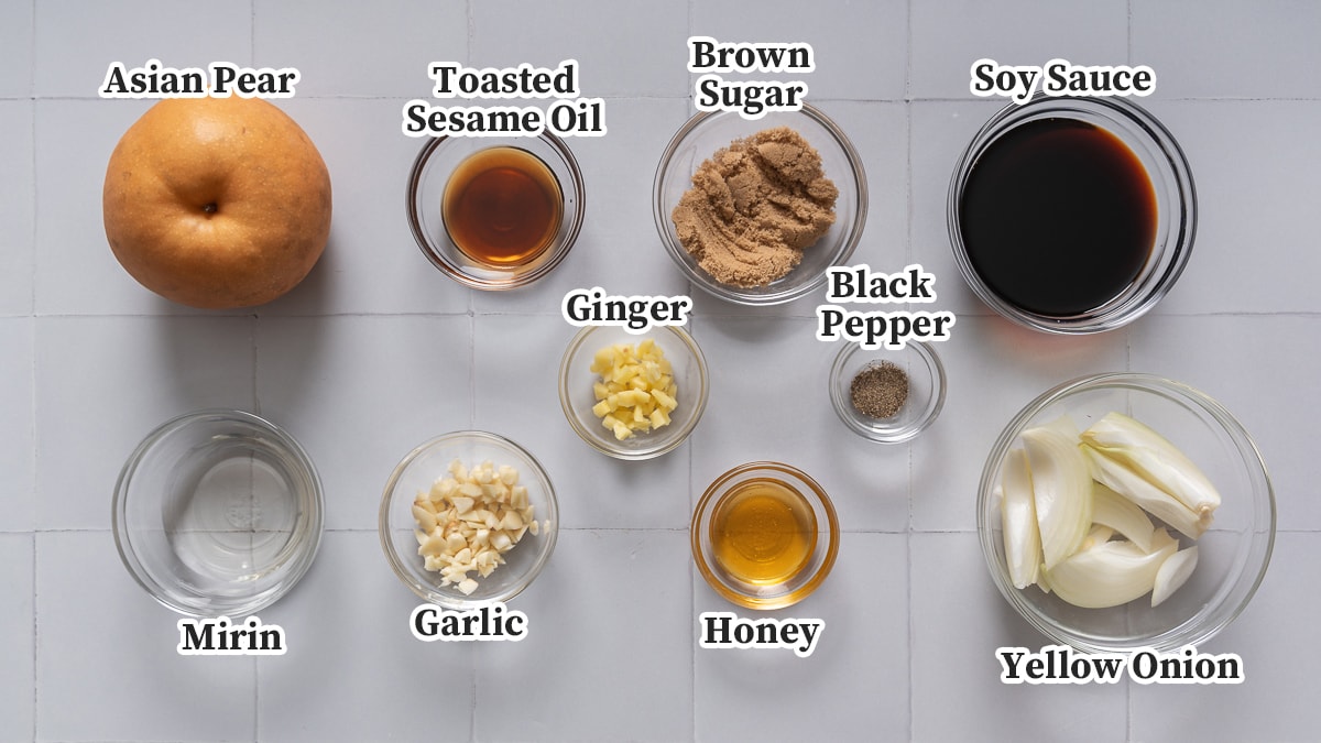 All the ingredients for a beef bulgogi marinade organized and labeled.