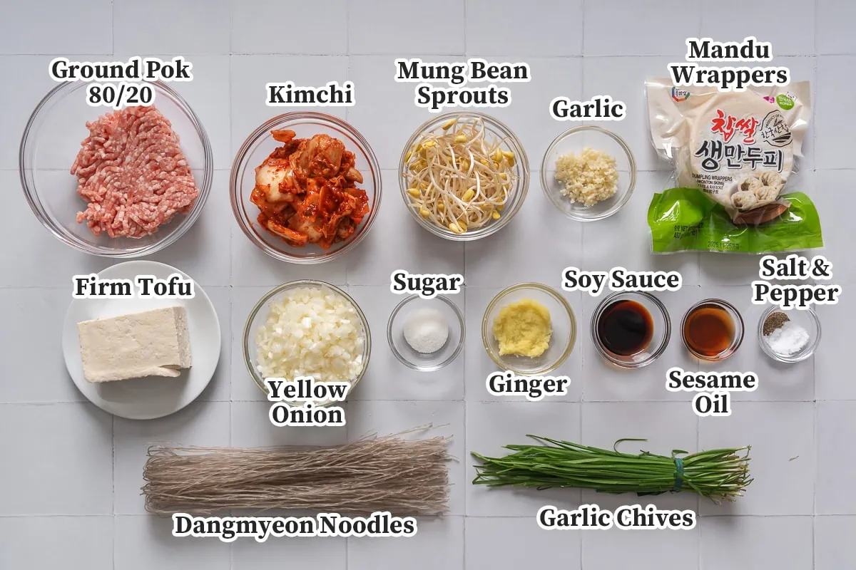 All the ingredients for kimchi mandu organized and labeled.