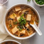 A top down view of hot and sour soup with a spoon in it.