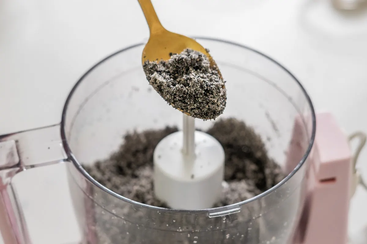 Toasted black sesame seeds pulverized in a small food processor.