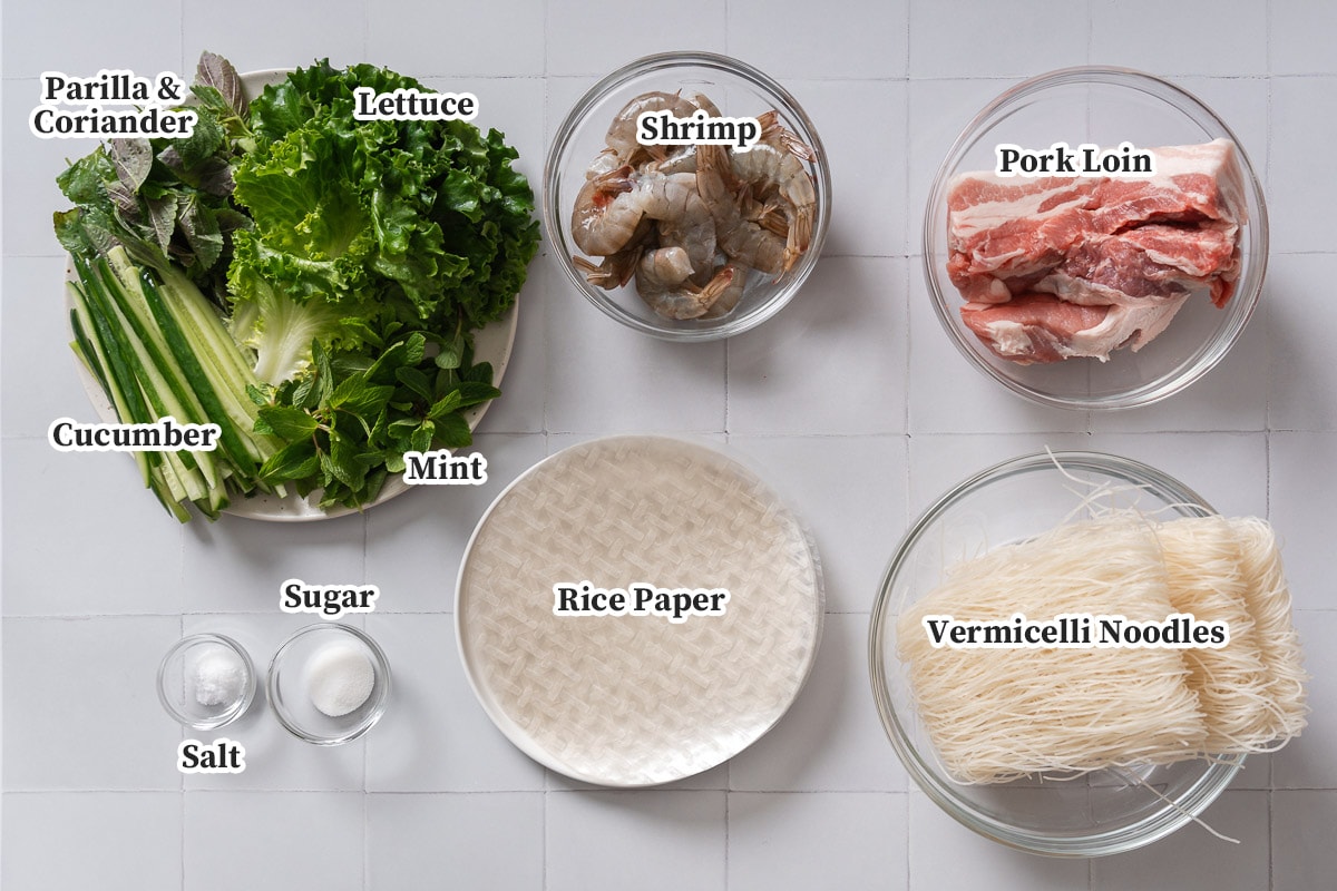 All the ingredients for making Vietnamese goi cuon spring rolls.