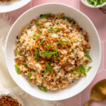 A bowl of garlic fried rice topped with fried garlic and green onion.