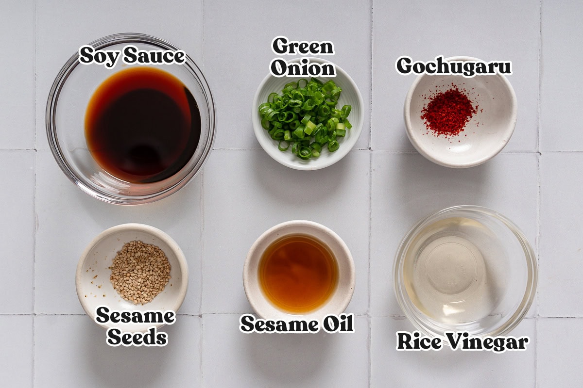 All of the ingredients for Korean seafood pancake dipping sauce.