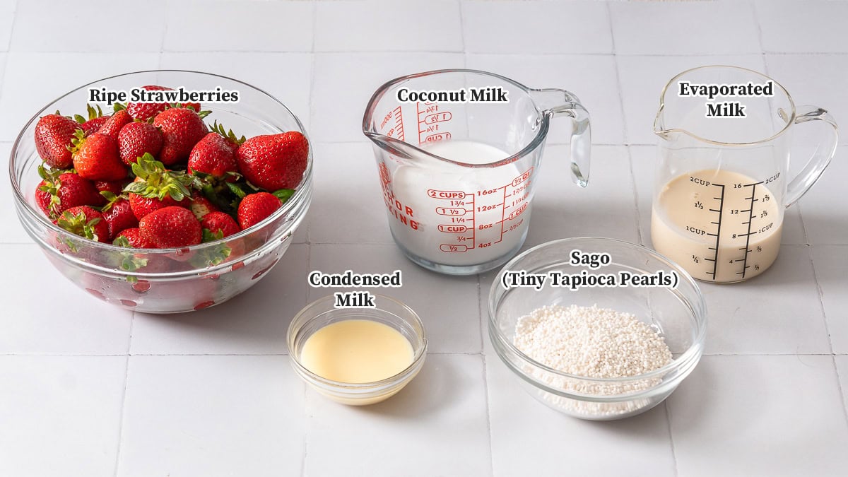 All the ingredients for strawberry sago organized and labeled.
