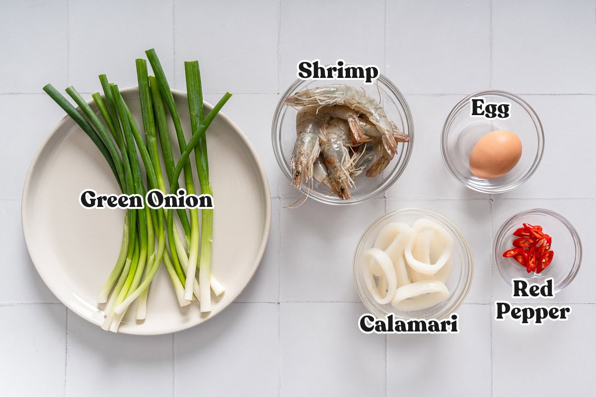 All of the mix ins for Korean seafood pancakes.