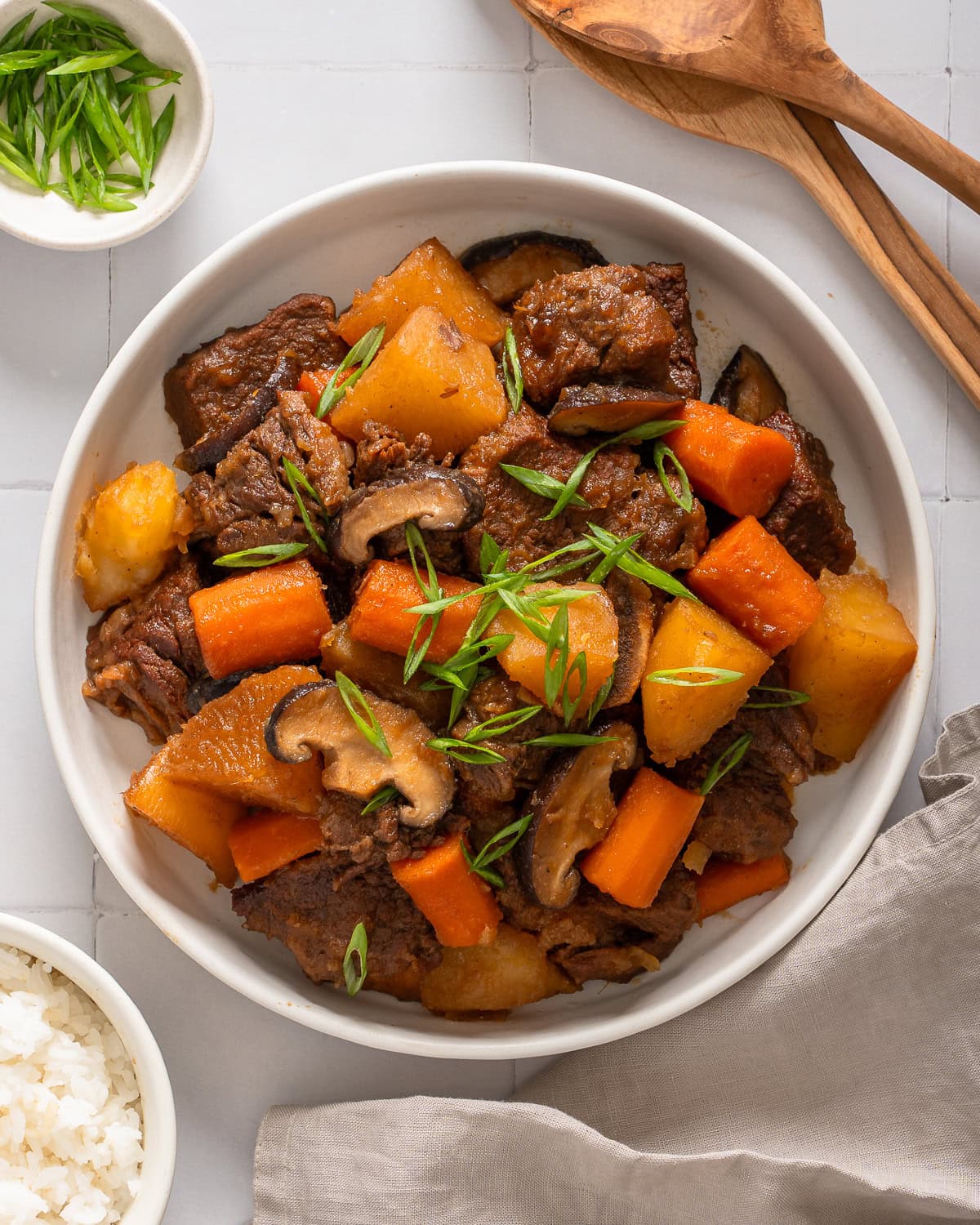 A top down view of a platter of galbi jjim.