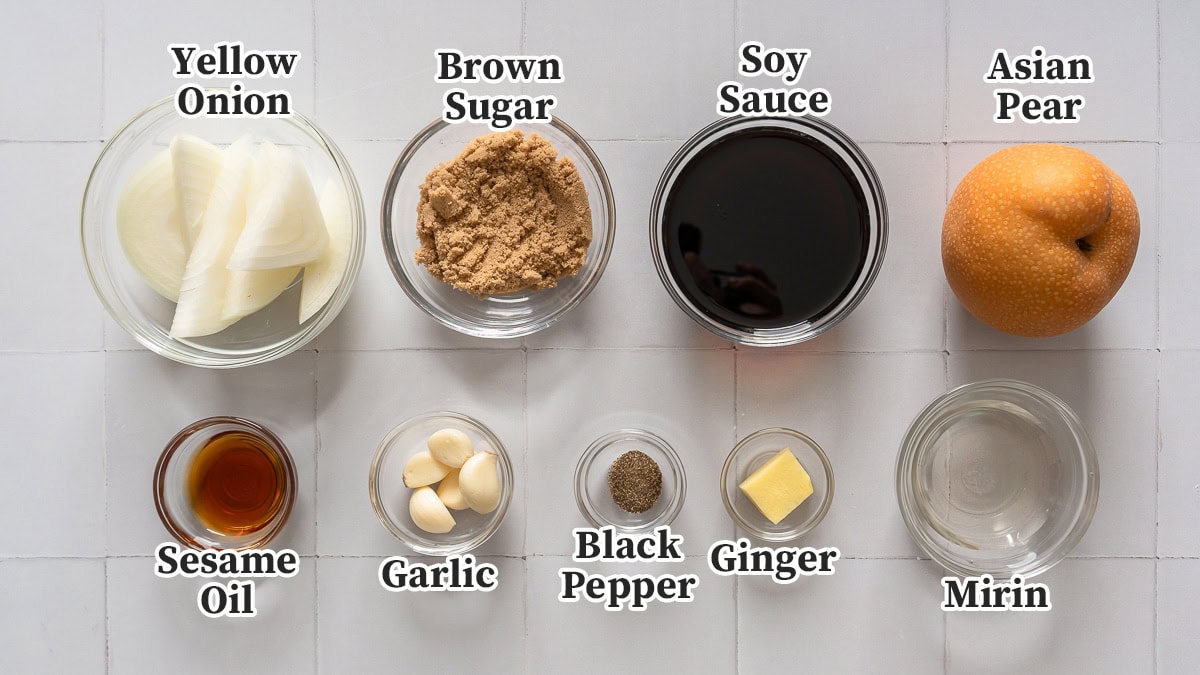 All the ingredients for making galbi jjim braising sauce organized and labeled.