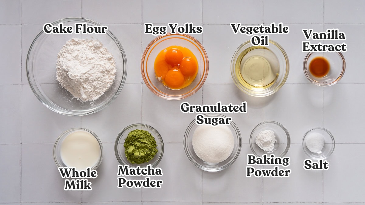 All the ingredients for make a matcha cake organized and labeled.