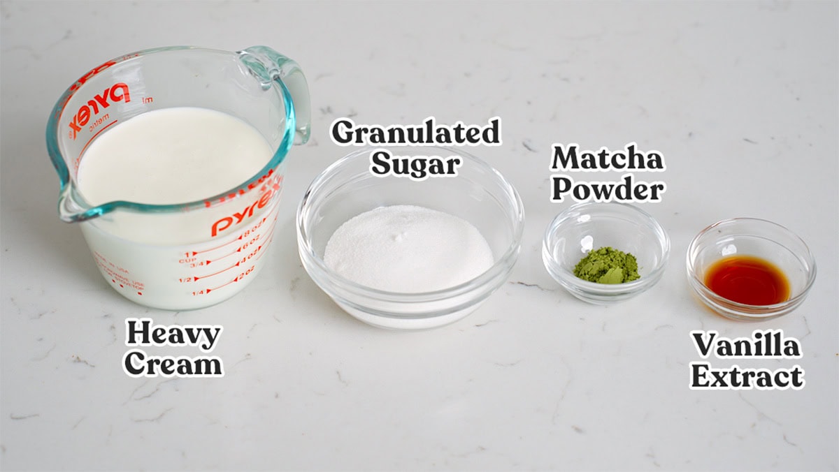 All the ingredients for matcha whipped cream.