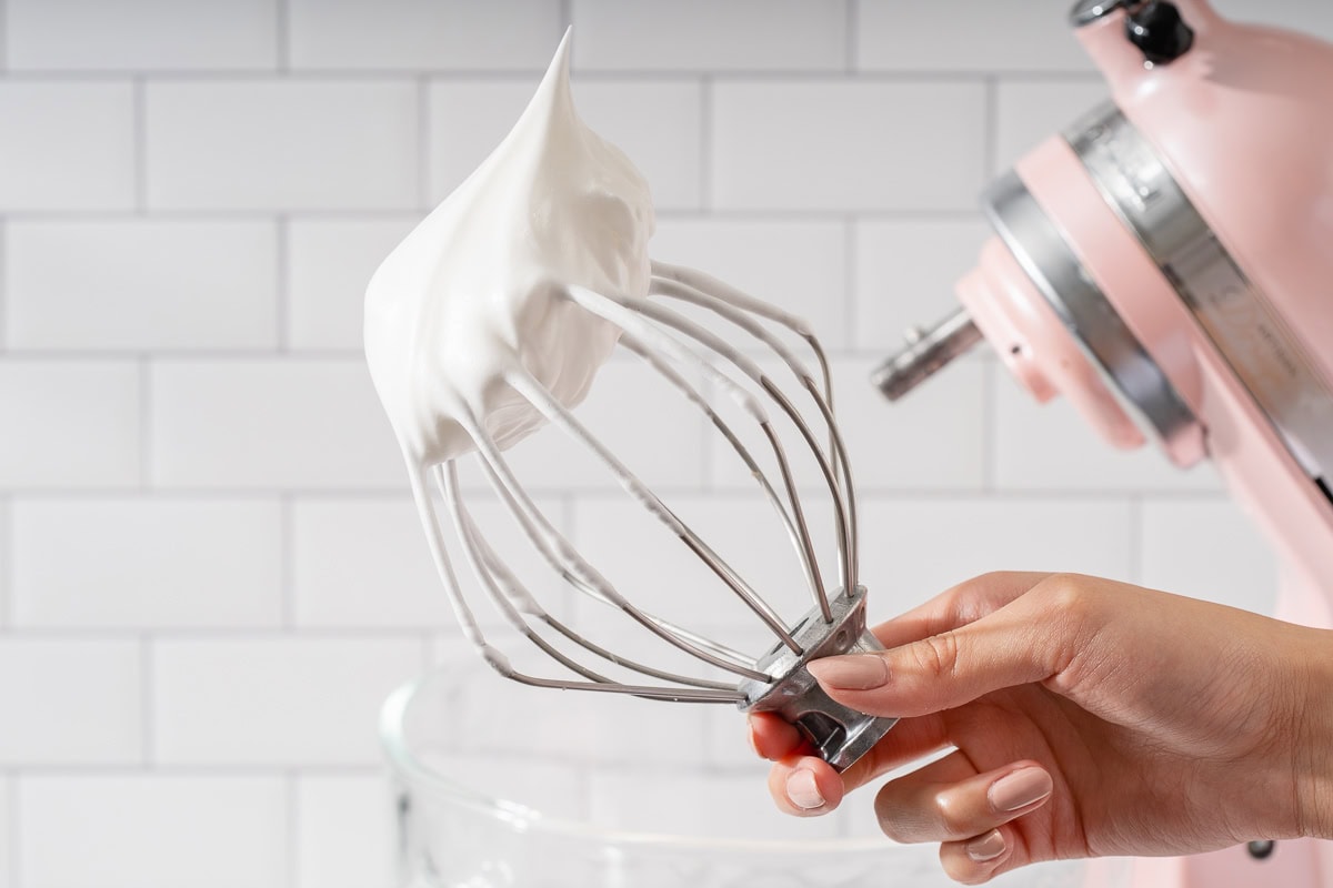 Egg white meringue whipped with a stand mixer whisk attachment.
