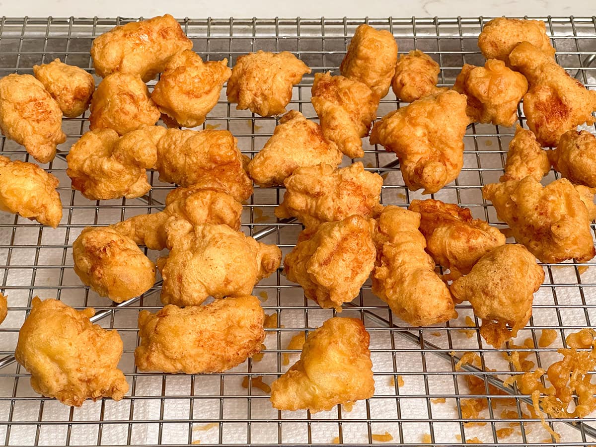 The crispy chicken breast after a second fry.