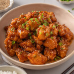 Honey sesame chicken on a plate surrounded by table settings