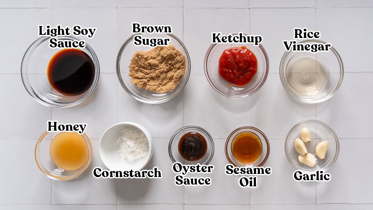 All the ingredients for making the honey sesame sauce.