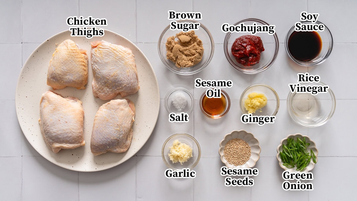 All the ingredients for gochujang chicken labeled and organized.