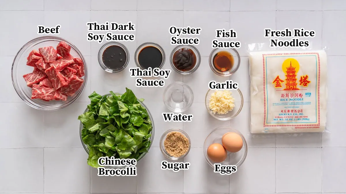 All the ingredients for pad see ew organized and labeled.