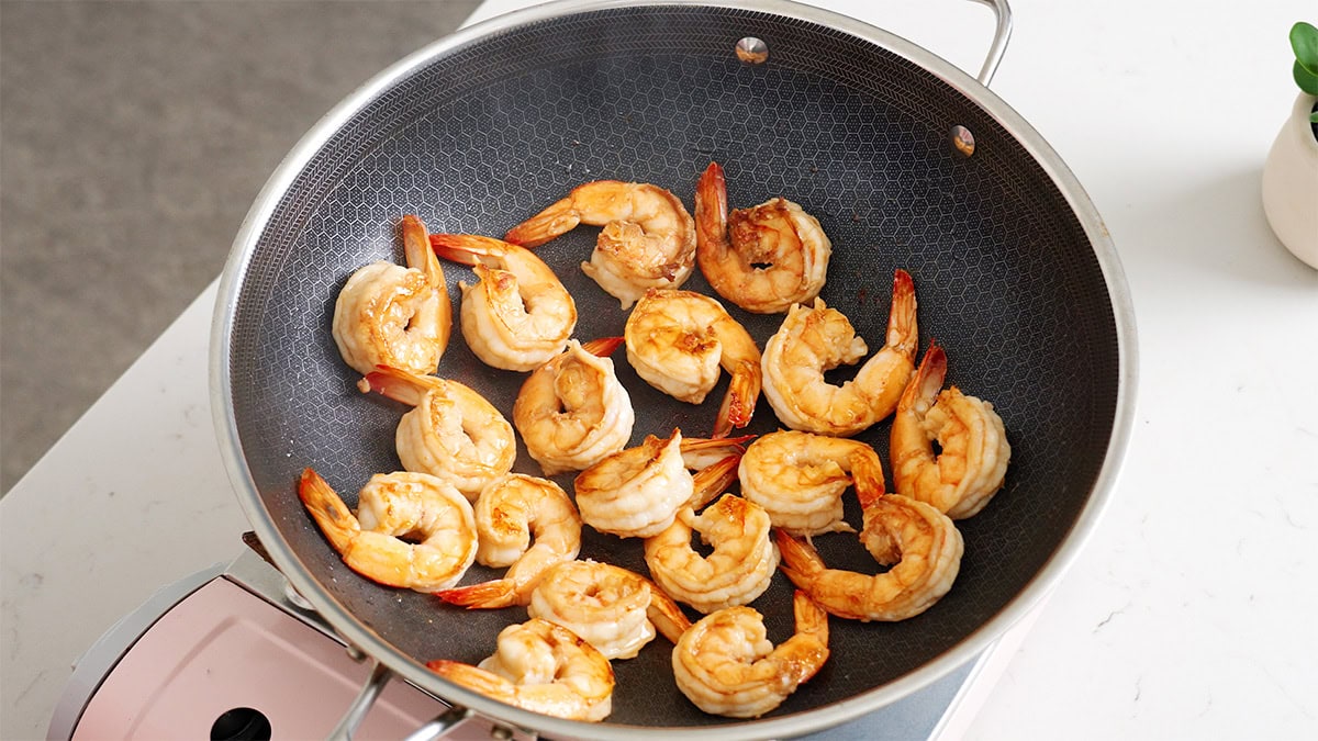 Shrimp cooked in a wok.