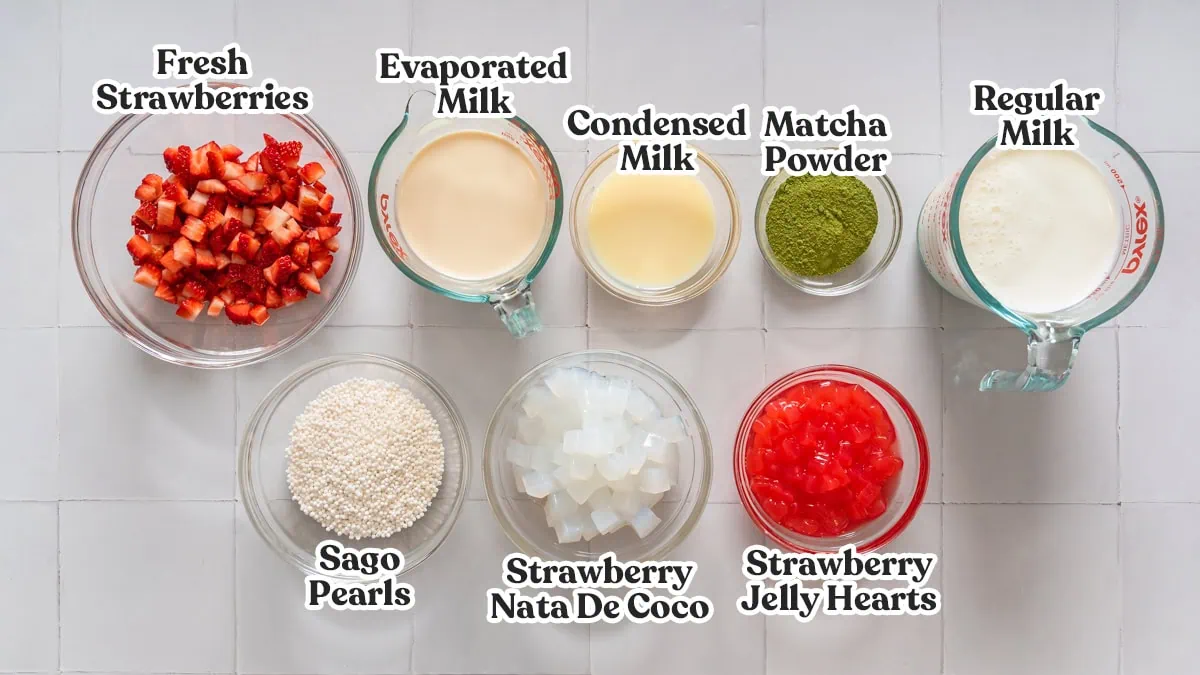 All the ingredients for matcha strawberry sago labeled and organized.