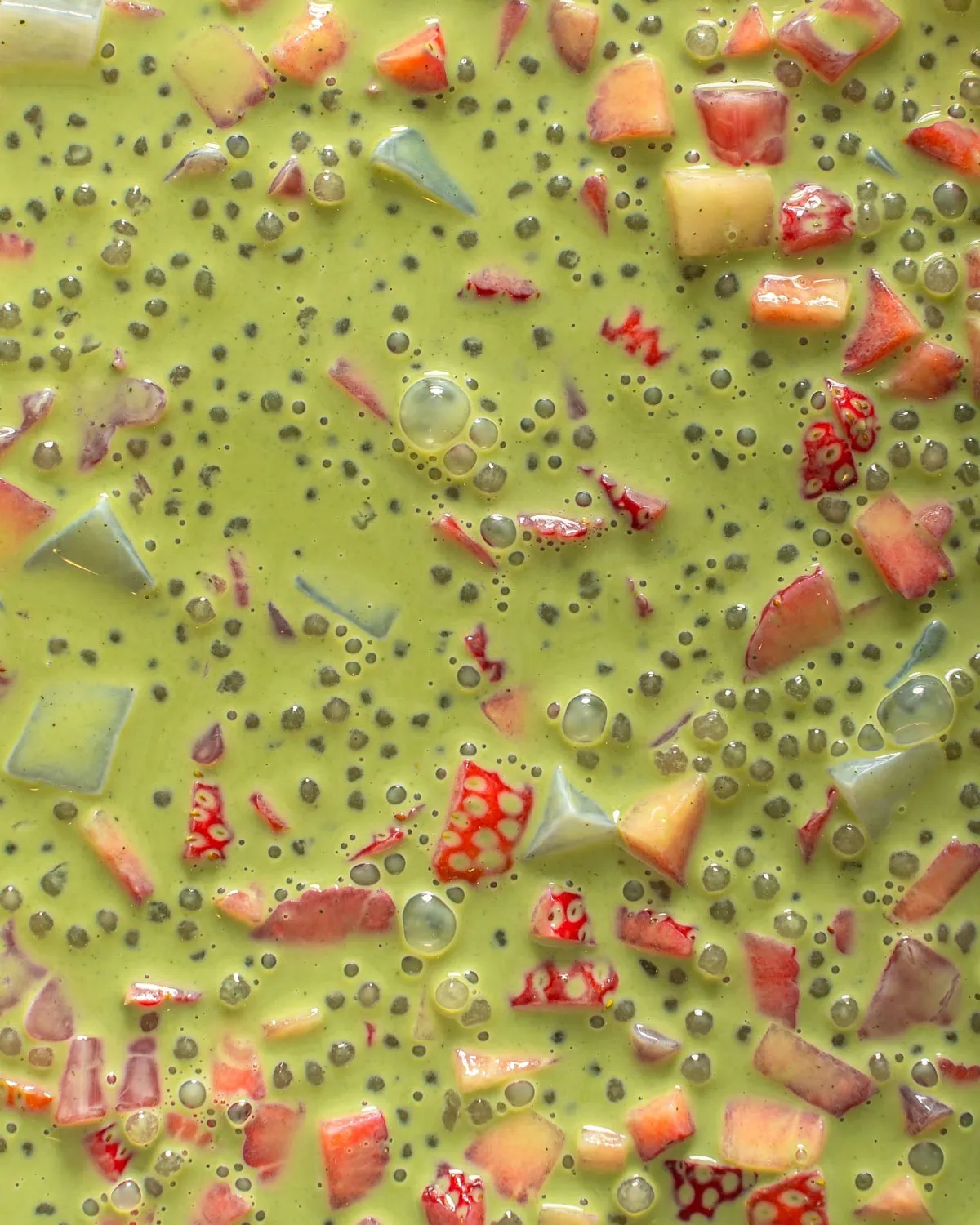 A detail shot of strawberry matcha sago.