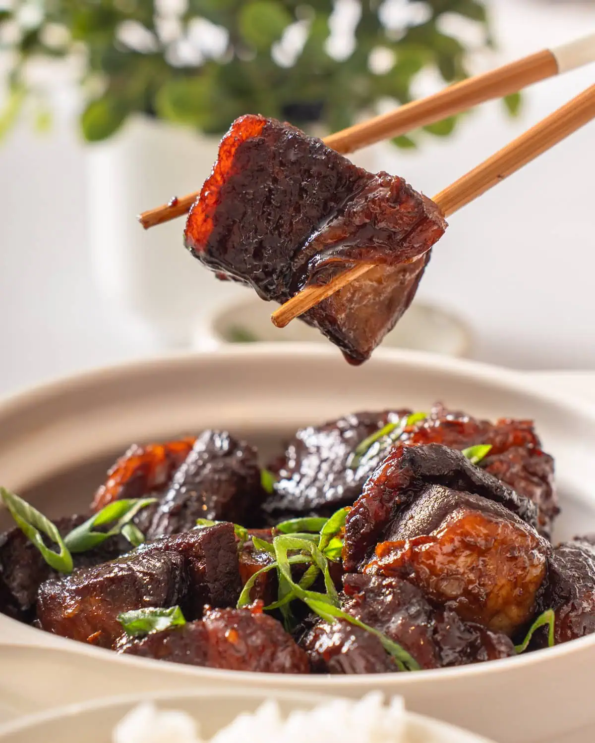 A pair of chopsticks lifting up a piece of braised pork belly from a bowl.