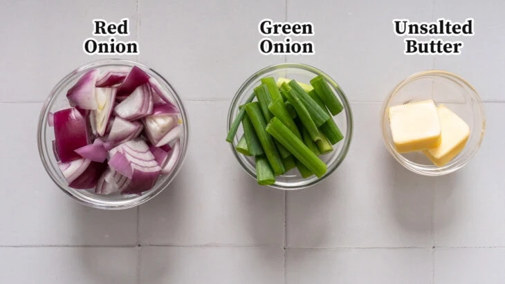 Onions and butter prepped and labeled in bowls.