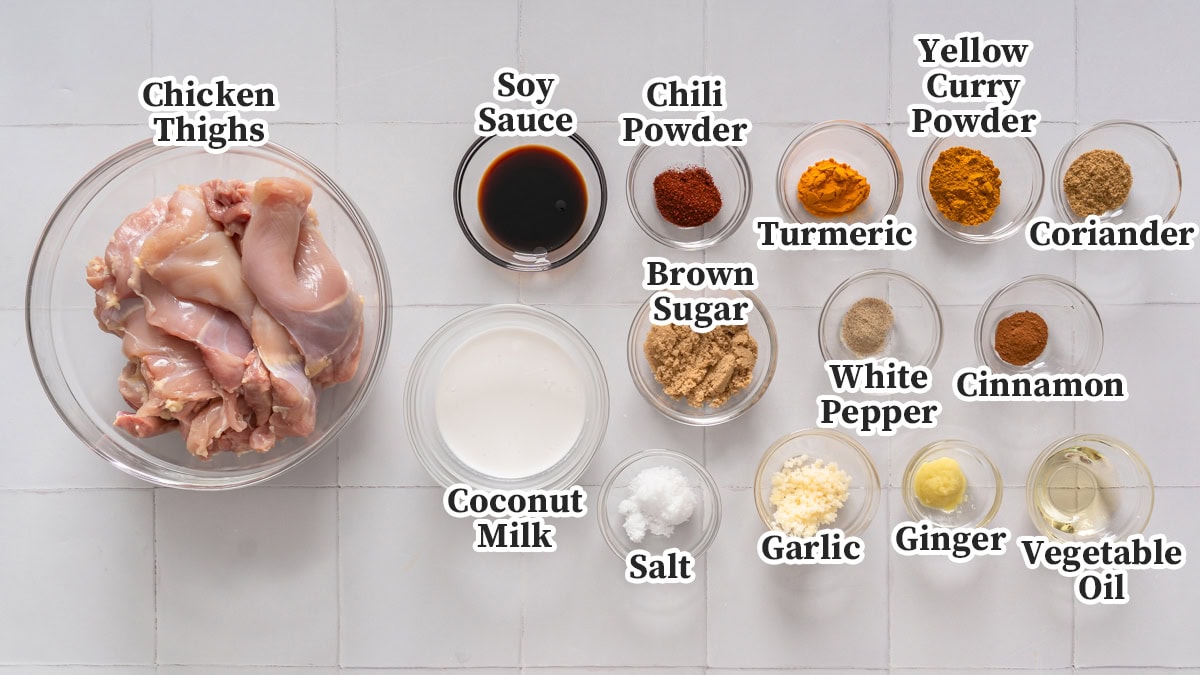 All the ingredients for Thai chicken satay organized and labeled.