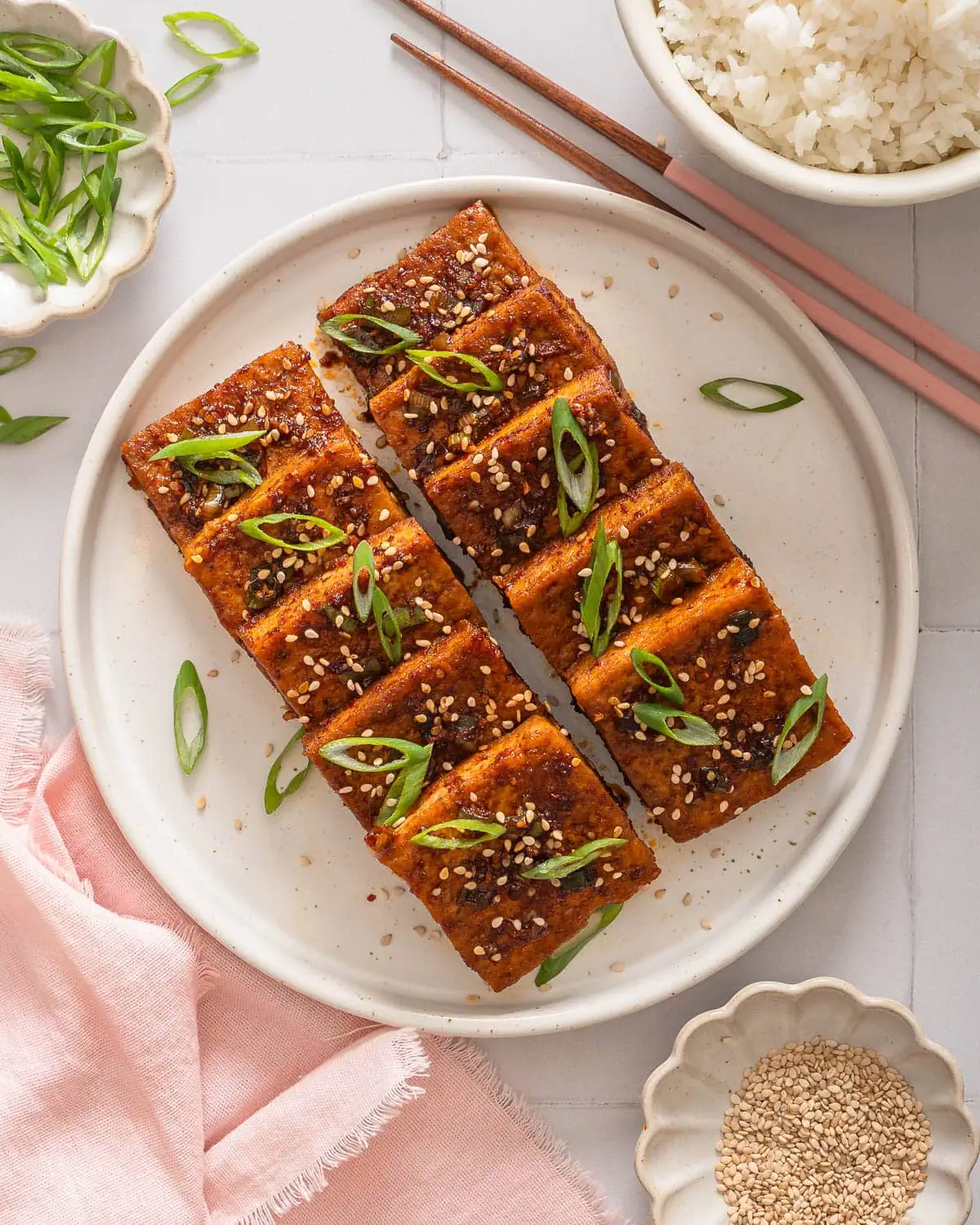 A plate of Korean braised tofu from overhead.
