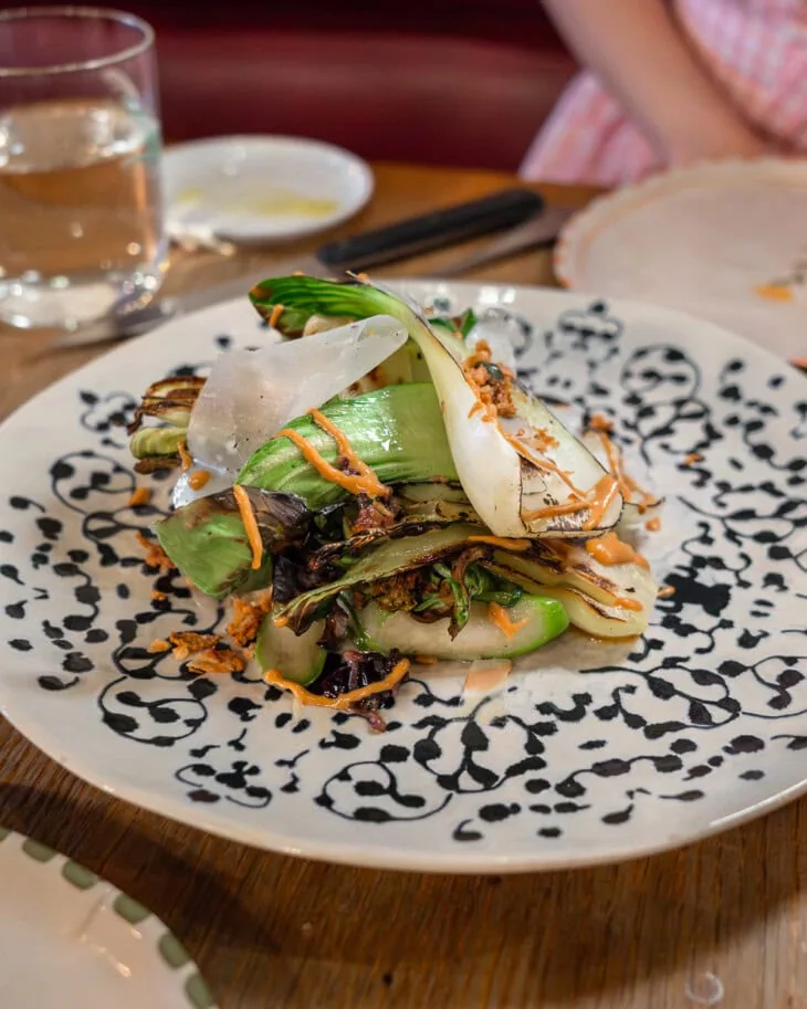 Grilled spring vegetables on a plate.